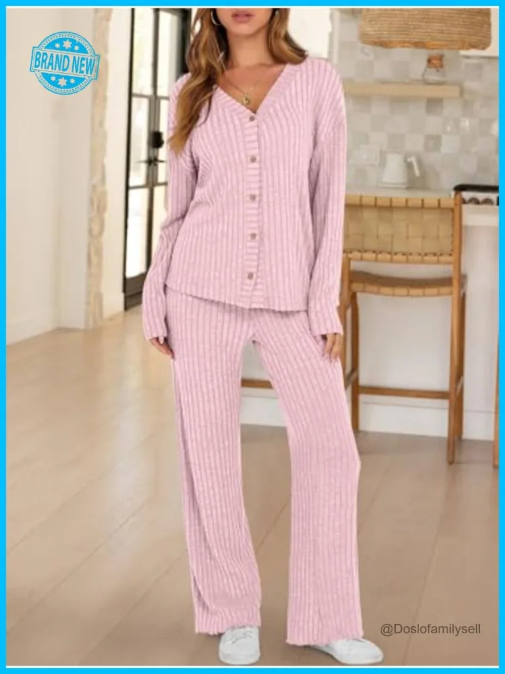 Women's 2 Piece Lounge Pajama Set Ribbed Long Sleeve Button Top Matching Pants